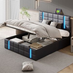 Lit coffre 140x200 cm avec LED et USB lit 140x200 cm avec sommier à lattes Lit rembourrée 2 personnes PU Noir