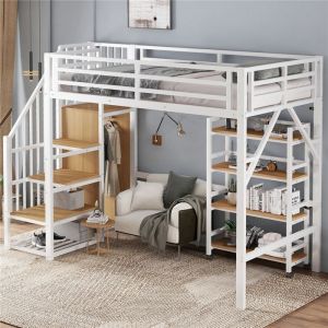 Lit Mezzanine 90x200 avec &Eacute;tag&egrave;re Mobile et Penderie 1 Place en M&eacute;tal avec Escalier Rangement pour Ado Adulte Bois Naturel Blanc