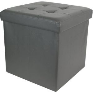 Pouf Coffre de rangement Simili cuir capitonn&eacute; Gris - HOME DECO FACTORY - H38 x 38 x 38 cm