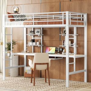 Lit mezzanine 90*200 cm cadre de lit lit en métal lit en fer lit mezzanine avec bureau et deux étagères pour enfants blanc