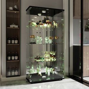 Vitrine en Verre Miroir Led Vitrine de collection avec serrure 2 portes 4 &eacute;tages Armoire de Collection Salon Vitrine sur