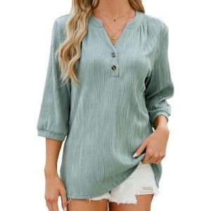T-Shirt Femme Col V Avec Boutons Manches 3-4 Casual Tee Shirt Ete Lache Couleur Unie Confortable - Vert
