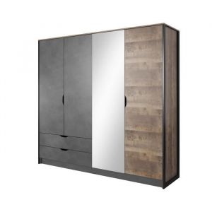 Armoire Chambre double penderie et étagères 4 portes miroir 220cm Gris et Chêne - STOCKHOLM