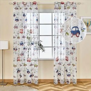 Rideau Enfant Voilage 140x160cm Dessin Animé à Motif Voiture Rideaux Chambre Enfant Voilages à Oeillets Décor Chambre Bebe