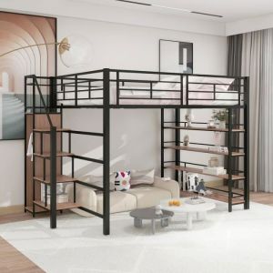 Lit mezzanine - Noir - 140x200 cm - Escalier de sécurité - Rangement intégré - Style junior