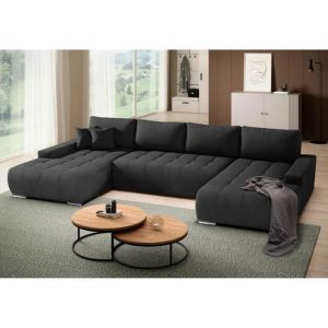 Canapé d’angle en U Draco Noir – convertible avec coffre tissu facile à nettoyer design minimaliste