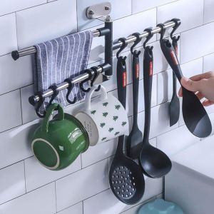 AVANC Barre Mural Cuisine 10 crochet Support Rangement En 304 Acier Inox Pour Ustensiles Spatule Casserole Rotative Sans Poinçon