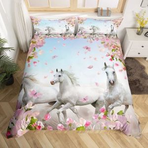 Filles Cheval Parure de Lit 140x200cm Parure de cheval au galop blanc Housse de Couette Fleur de cerisier Floral Housse de Couette