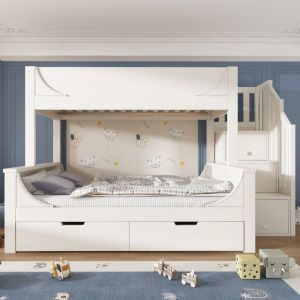 O.Ye Lit superpos&eacute; enfant 90/140x200cm avec armoire &eacute;chelle et tiroirs lit en bois massif avec protection multic LITS SUPERPOSES
