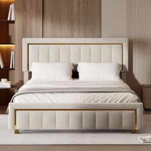 Lit Capitonn&eacute; 160x200 Lit Coffre avec Rangement Lit en Velours Lit Rembourr&eacute; au Design Moderne Adultes Double Beige Blanc