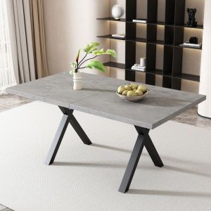 Table De Salle &Agrave; Manger Rectangulaire Gris&Noir 140x80x76cm &ndash; Pieds Crois&eacute;s Fer Forg&eacute; Aspect B&eacute;ton Polyvalente Table Basse