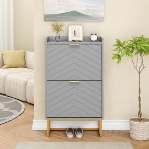 GOOBUY Armoire &agrave; Chaussure Inclinable 2 Compartiments &Eacute;tag&egrave;re R&eacute;glable &agrave; 2 Positions Motif en Ligne 50x24x91cm Gris