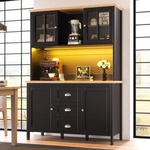 Meuble de cuisine 120x40x179 cm buffet avec 4 portes et 3 tiroirs &eacute;clairage LED meuble haut adapt&eacute; au salon - Noir