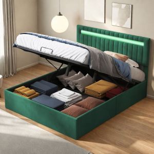 Lit coffre 140x200 cm Lit adulte 140x200cm Lit rembourré avec coffre de rangement Lit 2 personnes Eclairage LED Sommier inclus