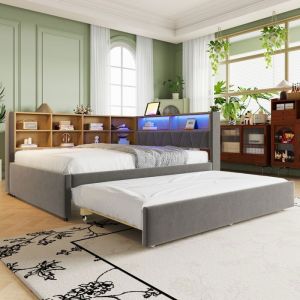 Canap&eacute; convertible O.Ye 140*200 lit gigogne 90*190 LED prise et multiples rangements lit rembourr&eacute; flanelle multi LIT GIGOGNE