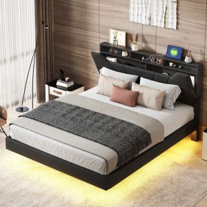 160x200CM lit coffre double en cuir artificiel noir lit suspendu avec base de plaque lampes LED USB et tiroirs de stockage