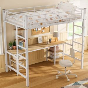 Lit enfant 90x200 cm Lit mezzanine 1 place 1 personne Cadre de lit en fer avec table étagère échelle latérale fer + MDF blanc