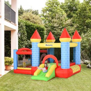 Ch&acirc;teau gonflable pour enfants avec trampoline toboggan souffleur 350W et sac de transport inclus jusqu&agrave; 3 enfants multicolore