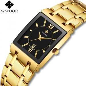 Montres homme WWOOR Marque de luxe Classique rectangulaire Montre homme Étanche Acier inoxydable Quartz Montre-bracelet