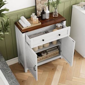 Buffet console 76 x 30 x 83 cm meuble de rangement style campagne pour cuisine & entr&eacute;e MDF blanc plateau noyer