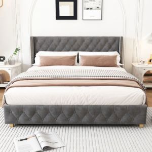 Lit capitonné 140x190cm avec Sommier à lattes et tête de lit décoration de rivets Pieds en bois Lin Gris - Sans Matelas