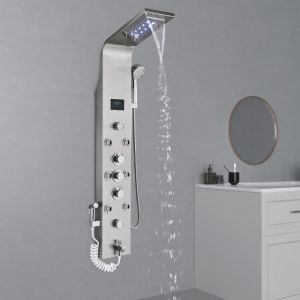 JULLYBATHEVY Colonne de Douche Hydromassante à LED - Système pour Salle de Bain - Écran LCD Affichage - robinet mitigeur - Nickel