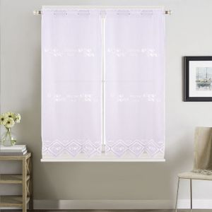 Paire de petits voilages de cuisine dentelle motif caf&eacute; latte Blanc 60x120 cm