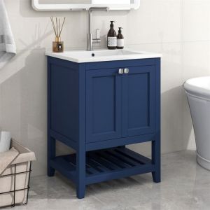 Meuble Sous Lavabo avec Rangement Meuble Salle de Bain avec Vasque et 60cm Vasque en CéramiqueétagèresPortesBoisBleu Marine