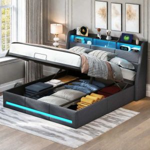 Lit 140x190 lit coffre 140x190 avec LED lit double capitonné lit adulte rangement pour tête de lit tissu en lin gris