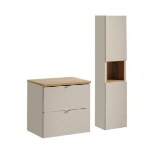 Ensemble de salle de bain AOKI : meuble sous vasque &agrave; tiroirs 60cm + plan vasque aspect bois + colonne