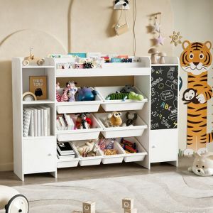 Biblioth&egrave;que Enfant Multifonction avec Grands Bacs de Rangement - &eacute;tag&egrave;re &agrave; &eacute;tages et 8 bacs flexibles en plastique -Blanc