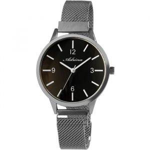 Montre femme - Adrina AR0036 - Bo&icirc;tier 37 mm argent - Bracelet maille milanaise acier 16 mm - Cadran noir quartz