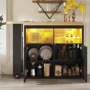 Table de bar extensible rangement 135-205&times;39&times;100cm Table de bar mobile &eacute;clairage LED &icirc;lot de cuisine Portes de &agrave; rayures