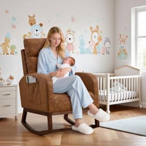 Fauteuil &agrave; bascule-Rocking chair-63 X90 X102CM-VINTAGE MARRON-Pieds en Bois Massif - Chaise Loisirs