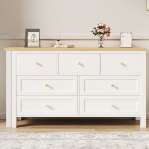 Bureau dAngle 120x40x70 cm - Buffet avec Bureau Pliable 2-en-1 7 Tiroirs Plateau Pivotant 360&deg; Rangement Lat&eacute;ral Blanc/Naturel