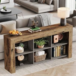 Table dentrée avec rangement –160 × 30 × 80cm –Table Console 6 grilles – Texture du grain du bois - Marron