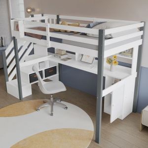 HAUSS SPOLE Lit mezzanine enfant&adulte 90x200cm-avec bureau-Lit simple blanc+grisLit mi-hauteur