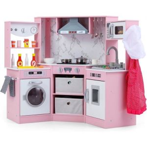 GOPLUS Cuisine dangle pour Enfant en Bois avec Lumi&egrave;res et Sons R&eacute;alistes Accessoires et Rangement pour 3+ Ans (Rose)