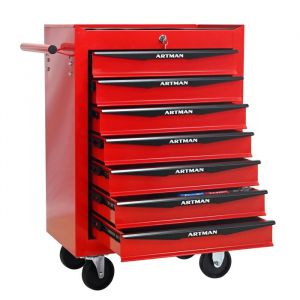 Servante datelier -Caisse a outil -Chariot &agrave; roulettes -AVEC 7 Tiroirs verrouillables rangement -Rouge -524 x 33 x 777 cm