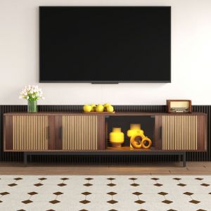 Meuble TV 4 Portes Brun Style Moderne avec LED Lumi&egrave;res Meuble de Rangement Meuble de Salon 200x35x53 cm Pieds en Metal Buffet Bas