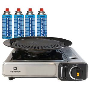 Barbecue Grill 2 en 1 Réchaud gaz piézo 2200 W KEMPER + Plaque grill + 4 cartouches gaz Butane Camping