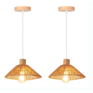 iDEGU 2x Lustre Suspension Vintage26cm Lampe Plafonnier Industriel en Rotin et Bois R&eacute;glable E27 Luminaire R&eacute;tro pour Salon