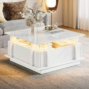 Table Basse Carr&eacute;e 70 cm Blanc Laqu&eacute; Brillant-2 Tiroirs de Rangement-LED Ambiante-&Eacute;tag&egrave;res Acrylique Transparentes-Alimentation USB