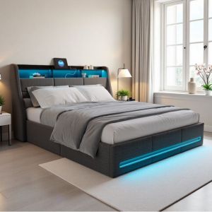 Lit coffre 140x190 cm - Lit 140x190 cm - LED et coffre de lit - Cadre de lit adulte 140x190 cm - 2 Personnes - Tissu lin - Gris