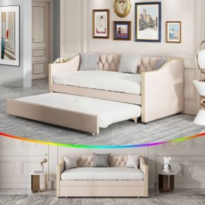 Canap&eacute;-lit Gigogne 90x200cm Canap&eacute;-lit Convertible avec sommier &agrave; Lattes Canap&eacute; Convertible Extensible sans Matelas Beige