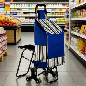 Chariot de cuisine DESSERTE DE CUISINE pratique avec si&egrave;ge int&eacute;gr&eacute; panier spacieux et roues robustes id&eacute;al pour courses et