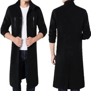 Caban Hommes Funmoon Automne Hiver - Noir - Boutons simple dhomme - Col officier - Long manteau coupe-vent
