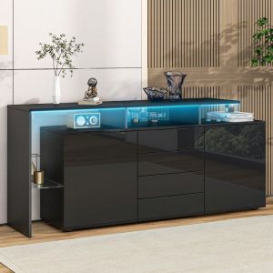Buffet Bahut avec LED et Etag&egrave;reBuffet Meuble de Rangement Noir Brillant Armoire Multifonctionnelle avec 4 Tiroirs et 2 Portes