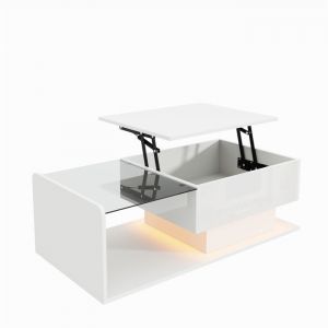Table basse relevable blanche laqu&eacute;e &mdash; plateau verre tremp&eacute; &eacute;clairage LED pilotable