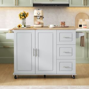 Table de cuisine mobile137x43(76)x92cm pliant plan de travail en ch&ecirc;ne armoire multifonctionnelle3 tiroirs porte-serviettesgris